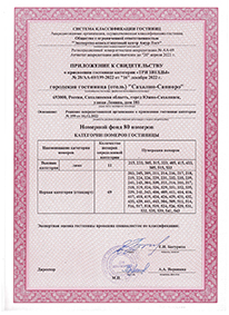 Свидетельство о присвоении категории (приложение) гостинице Сахалин-Саппоро Южно-Сахалинск